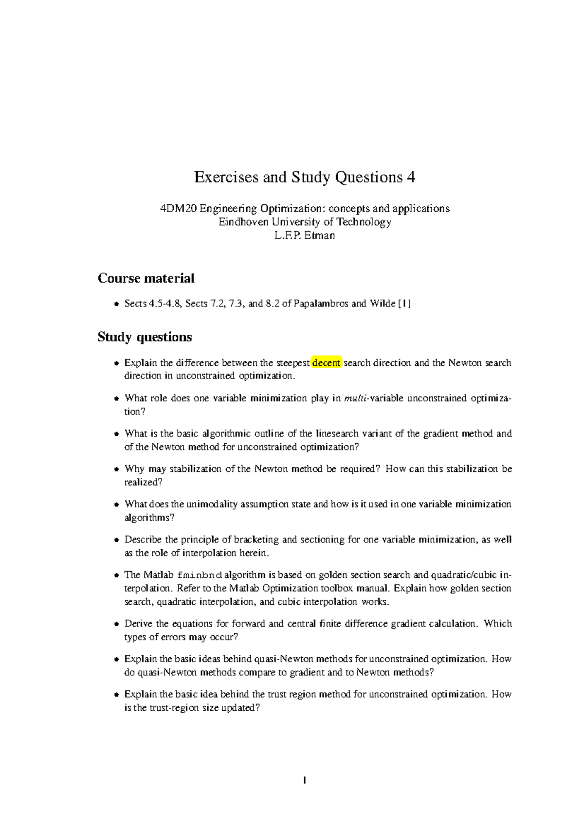 Exercises Questions 4 - 4DM20 Engineering Optimization Exam Prep ...