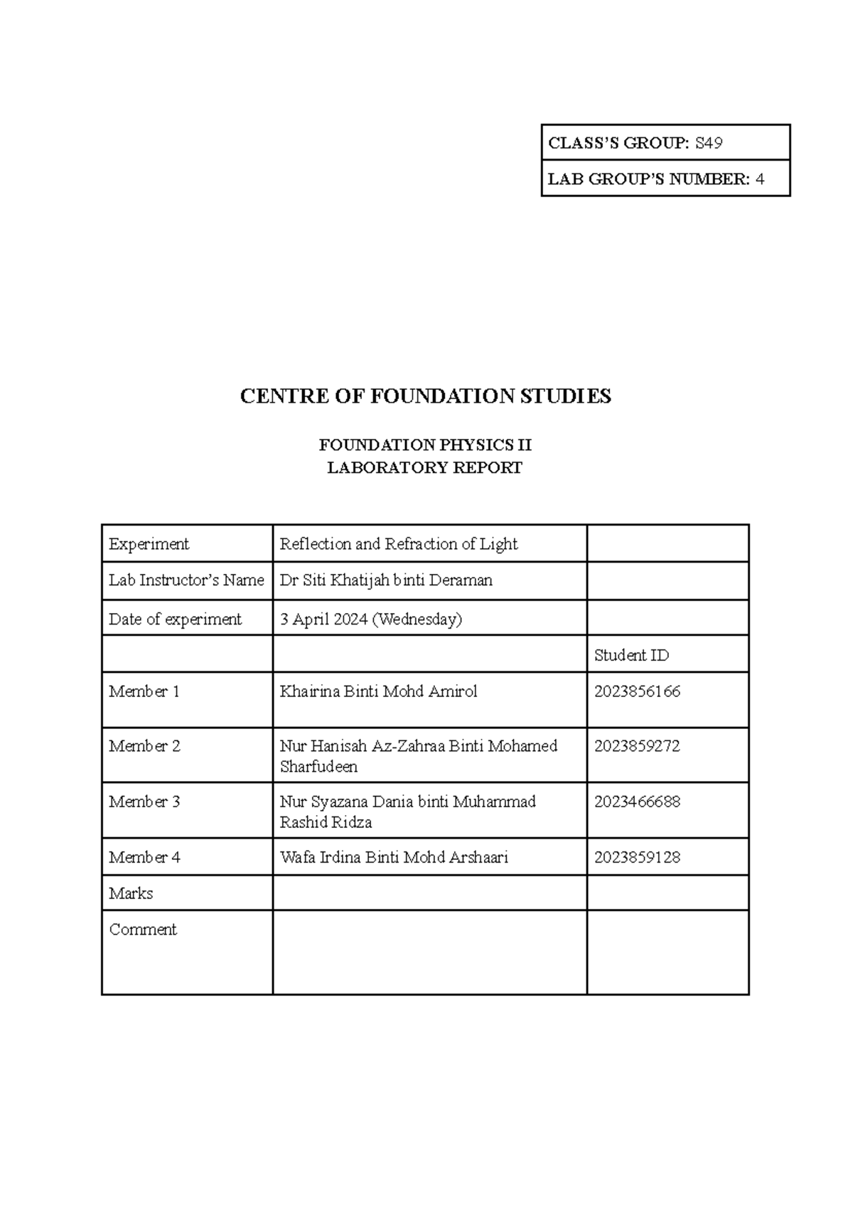Physics II Lab Report 4: Reflection and Refraction of Light - Studocu