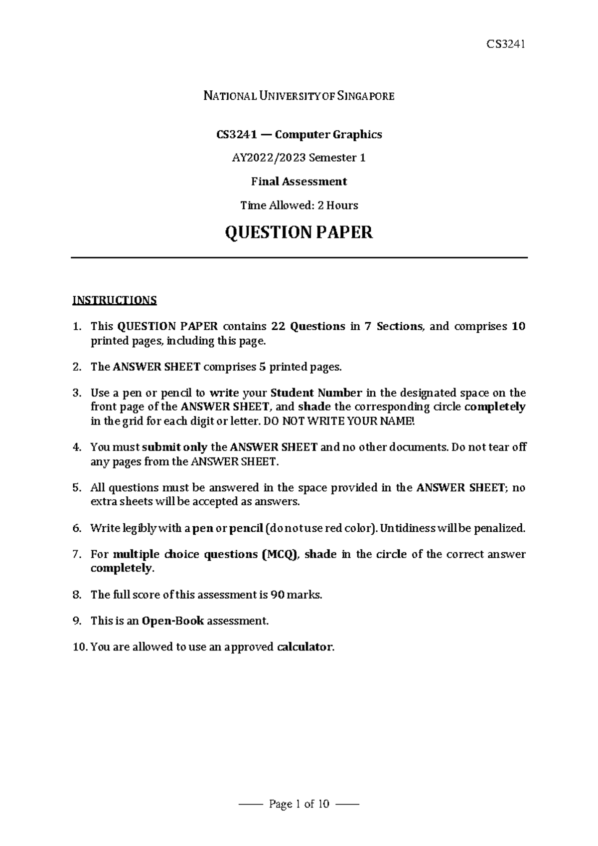 CS3241 2223S1 Computer Graphics Final Exam Question Paper - Studocu