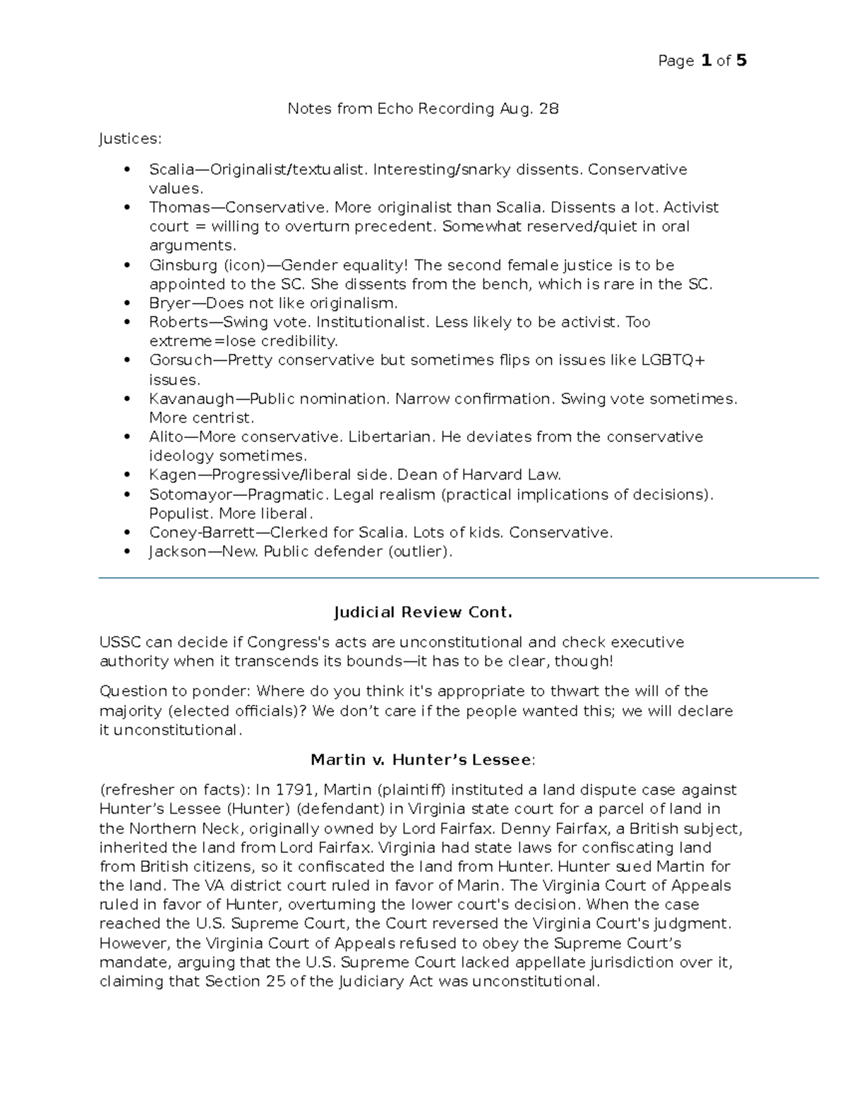 Judicial Review - Notes from Echo Recording Aug. 28 Justices: Scalia ...