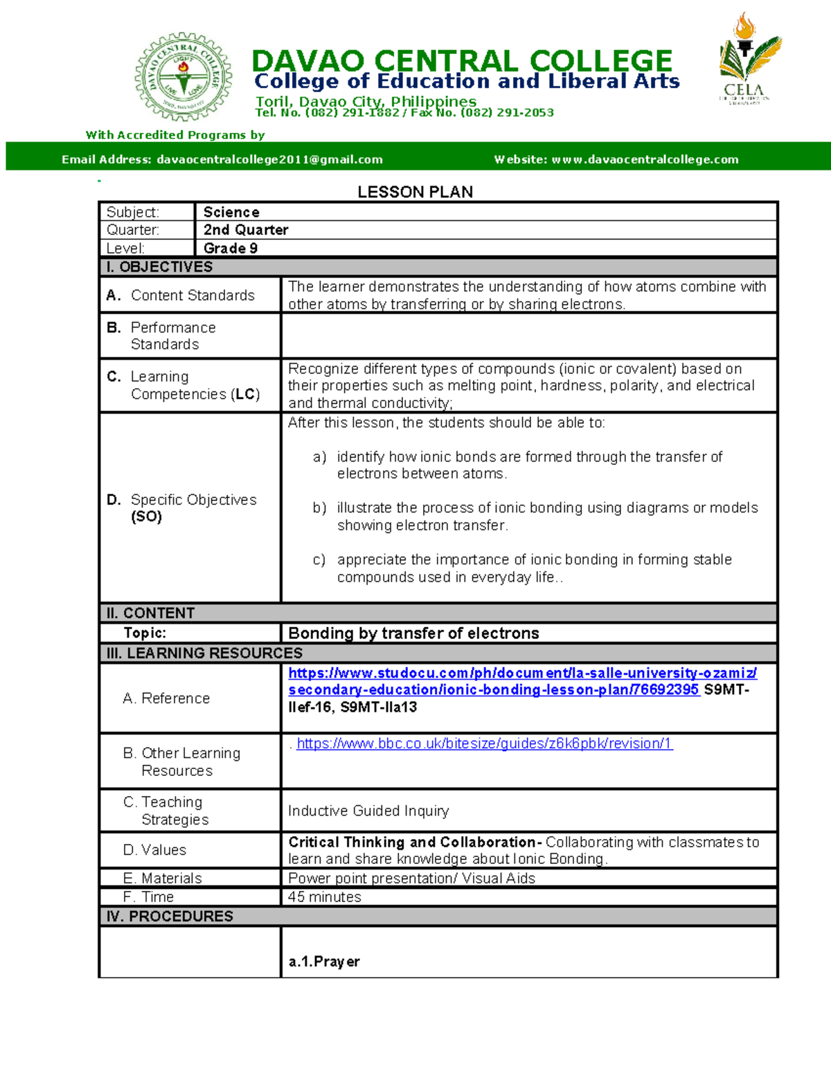 Grade 9 Science Lesson Plan: Understanding Ionic Bonding - Studocu