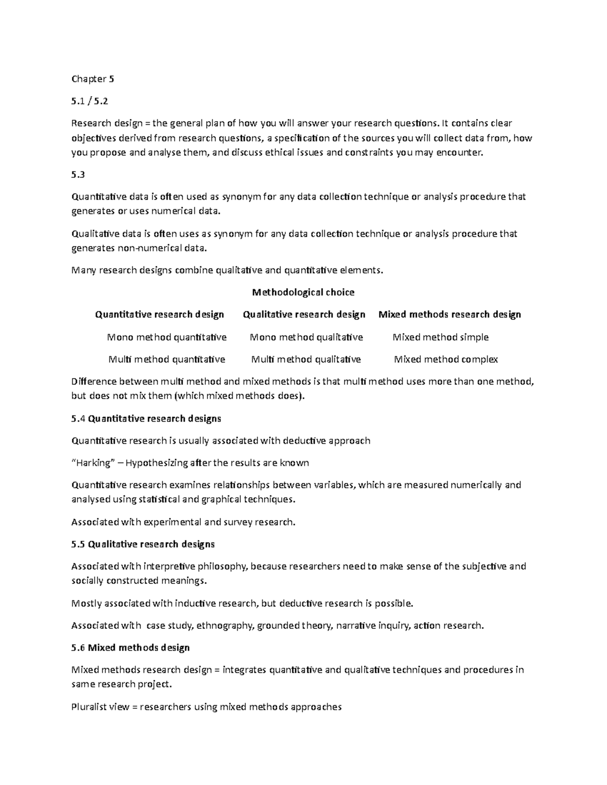 H5 - Chapter 5: Research Design and Methodological Approaches - Studeersnel