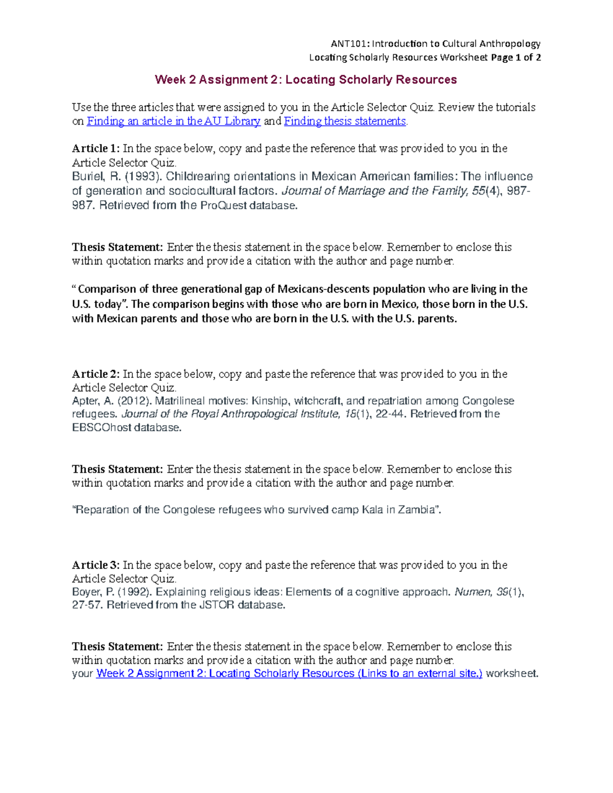 ANT101 W2 Assignment Worksheet 2 now - ANT101: Introduction to Cultural ...