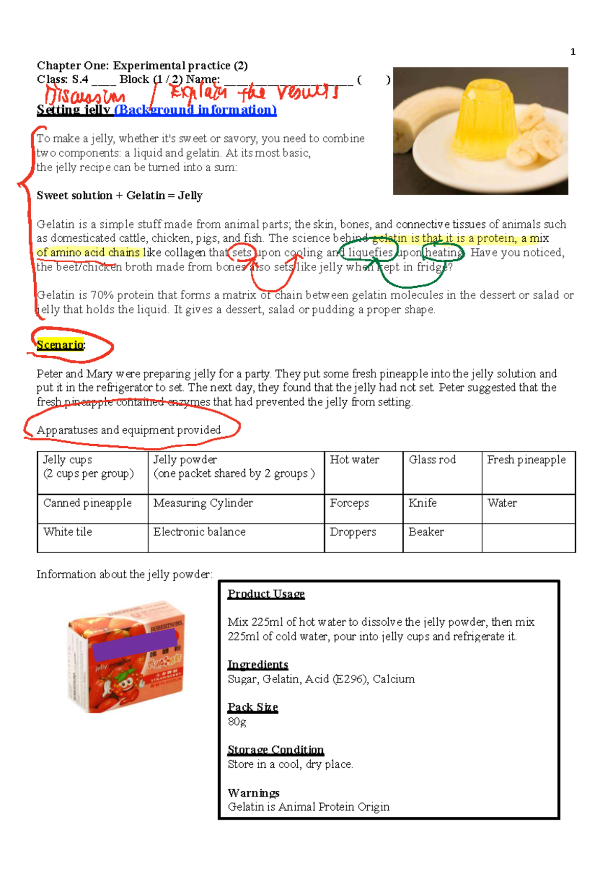 Ch.1 Expt.2 - Investigating Gelatin Setting with Fresh Pineapple (S.4 ...