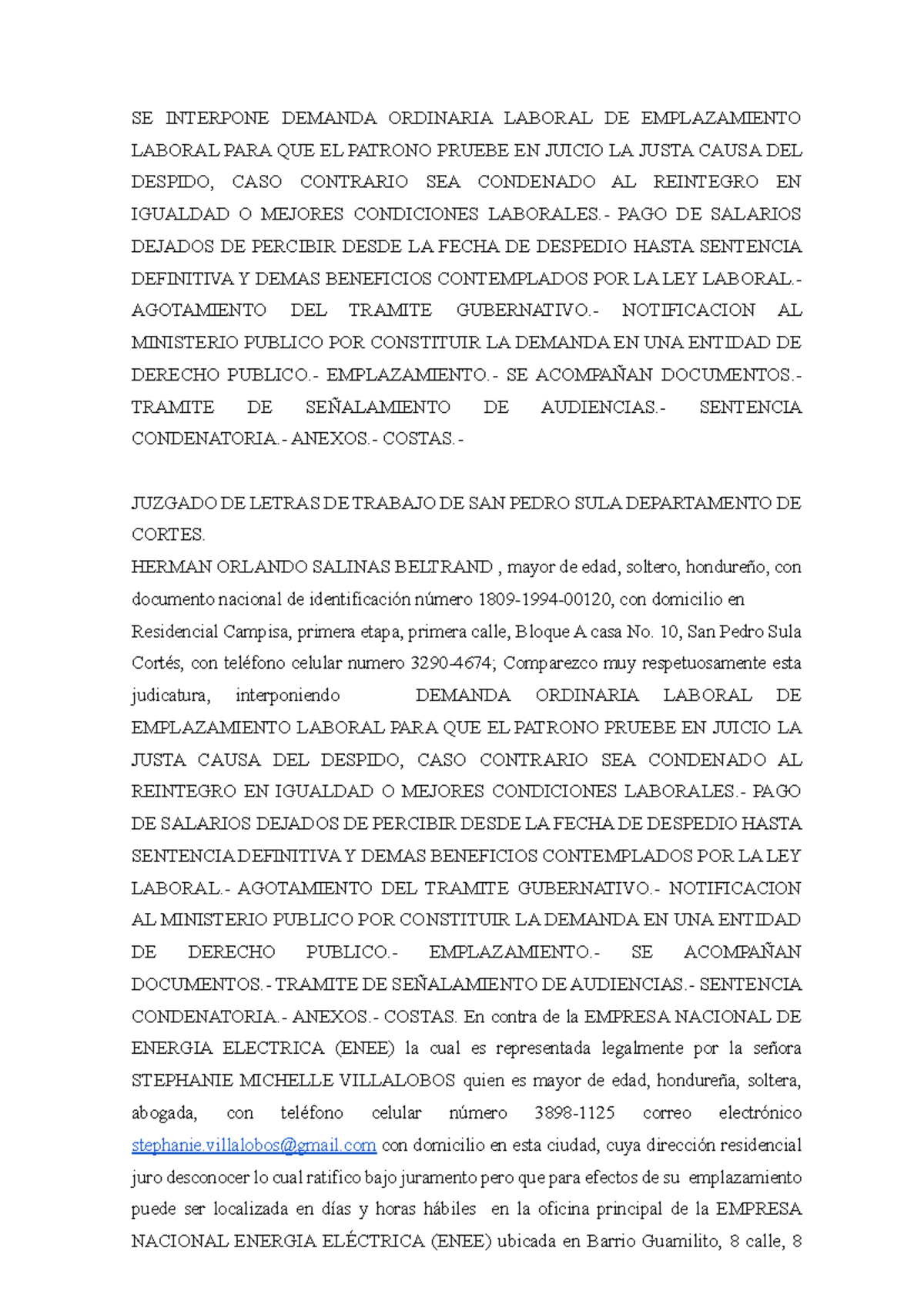 Demanda Laboral de Emplazamiento contra ENEE 2025: Justicia y Reintegro - Document Preview