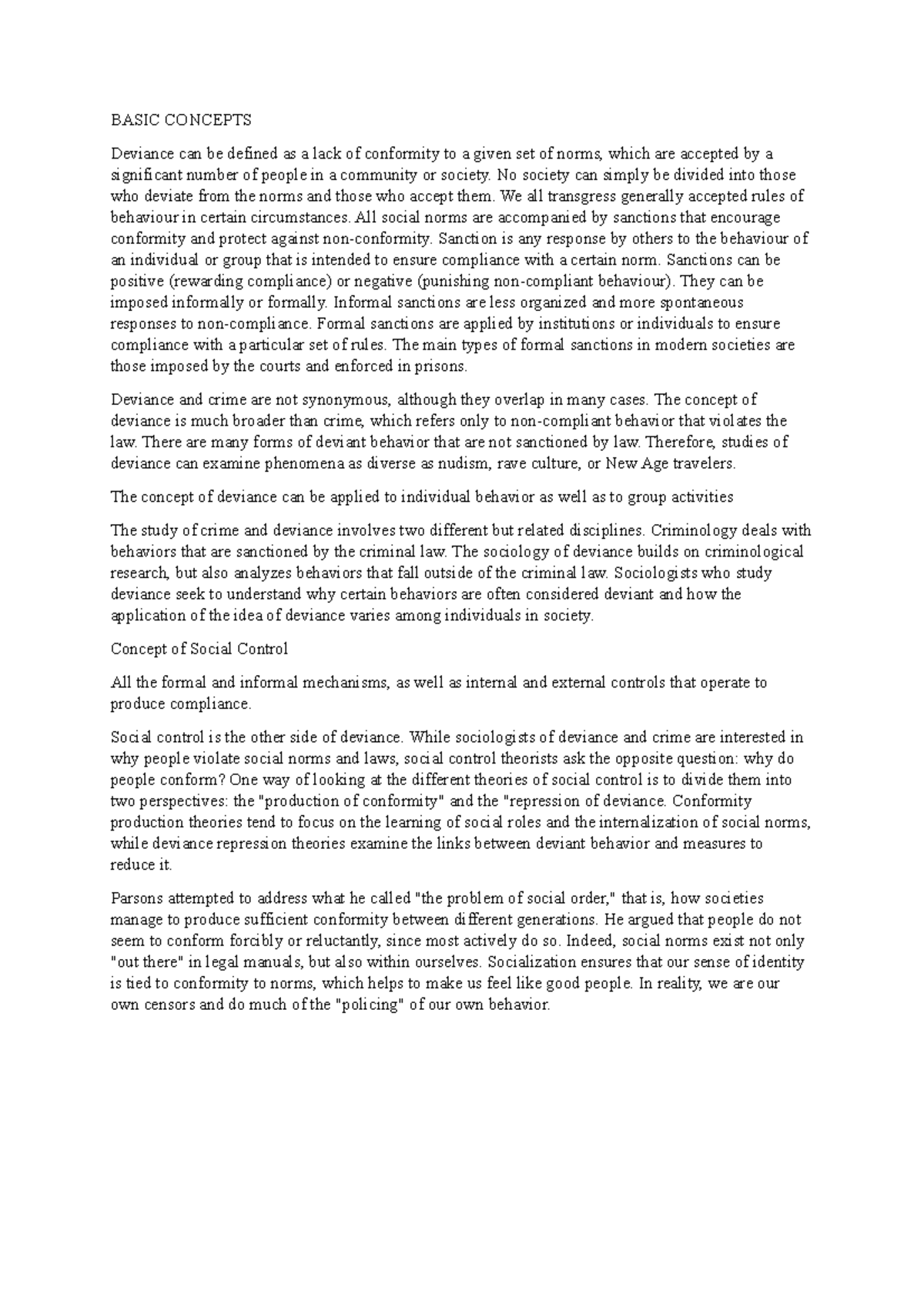 Basic Concepts of Deviance and Social Control - Sociology 101 - Studocu