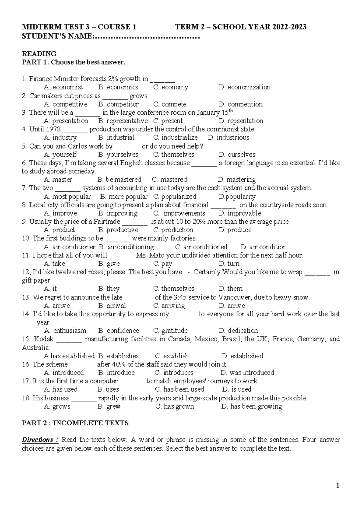MIDTERM TEST 3 COURSE 1 TERM 2 READING COMPREHENSION PART 1 - Studocu