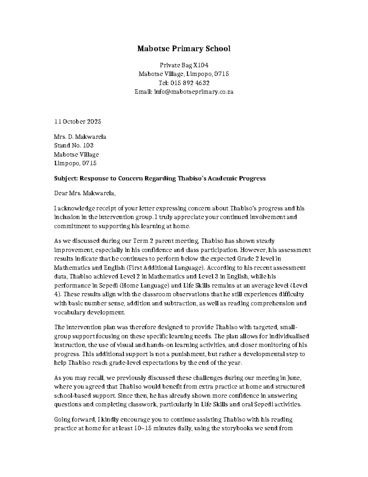 Thabiso's Academic Progress Response Letter - Grade 2 Update - Studocu