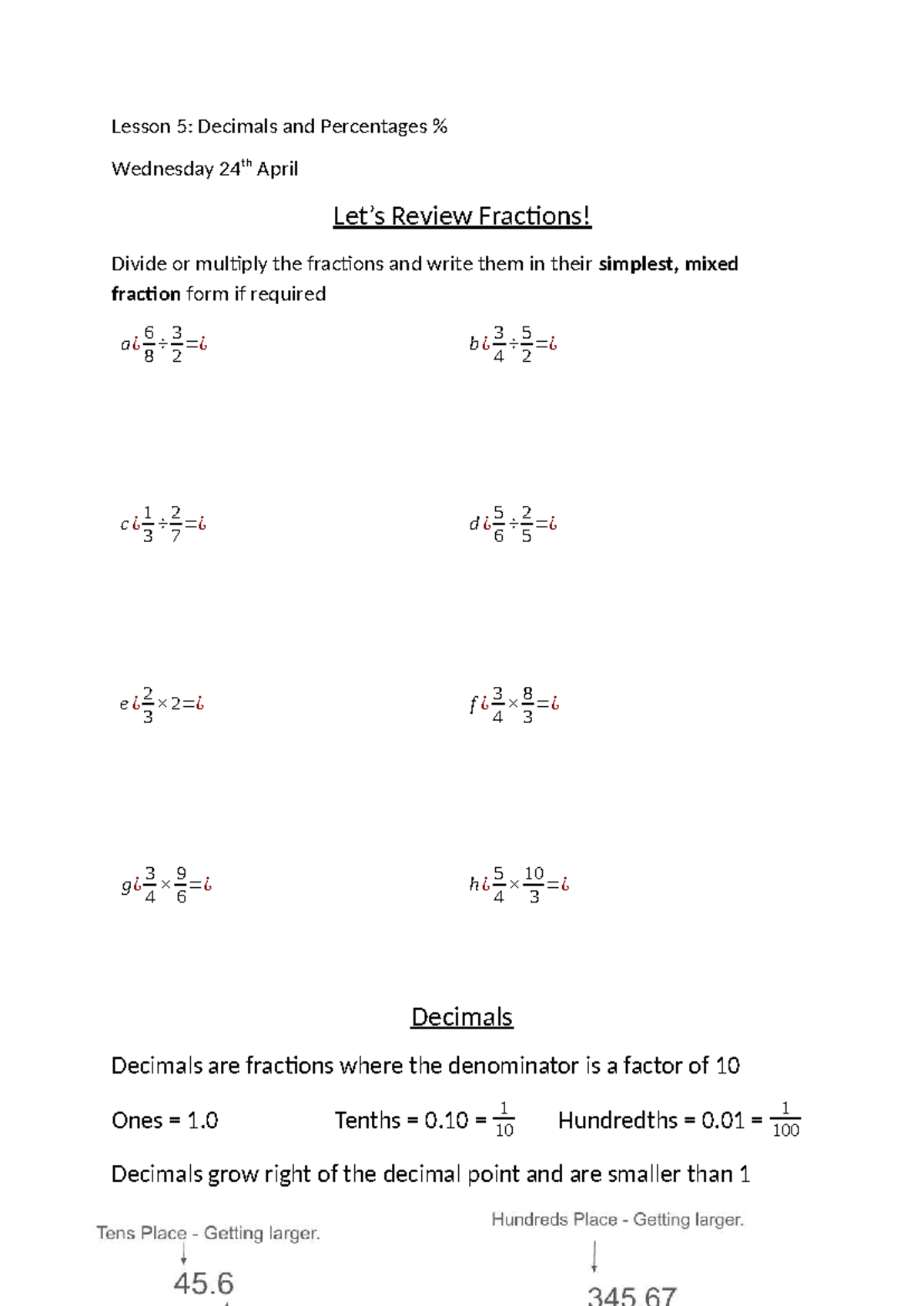 L5: Decimals & Percentages - Practice Exercises and Review - Studocu