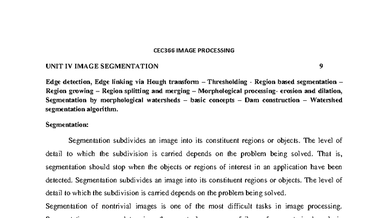 CEC366 Image Processing: Unit IV - Image Segmentation Techniques - Studocu