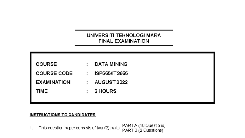 ISP565 Data Mining Final Exam Questions - August 2022 - Studocu