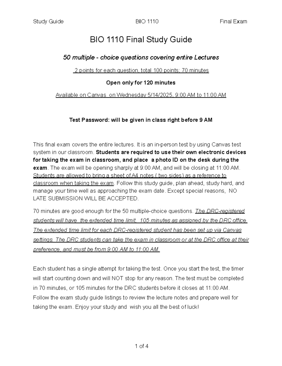 BIO 1110 Final Exam Study Guide: Key Topics & Exam Instructions - Studocu