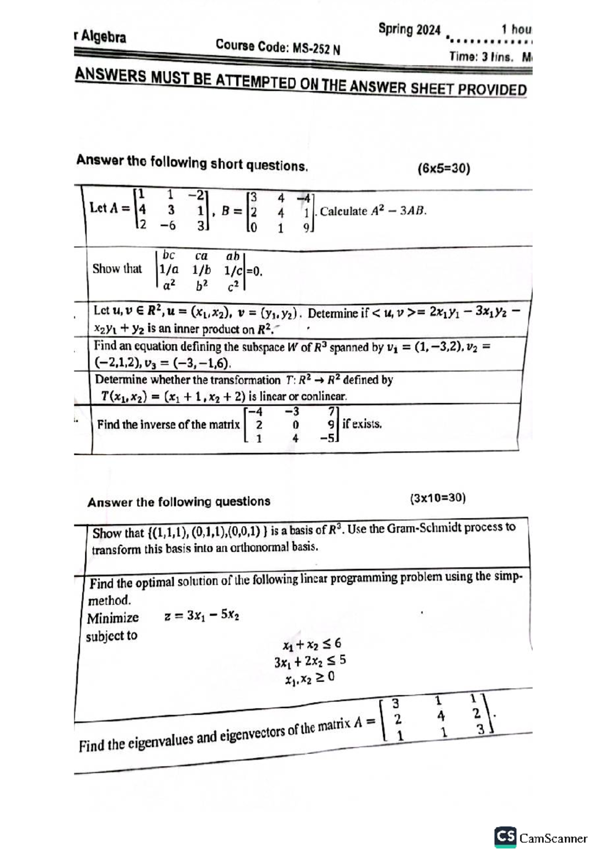 Linear Algebra Past Paper (Spring 2024) - Short Questions & Solutions ...