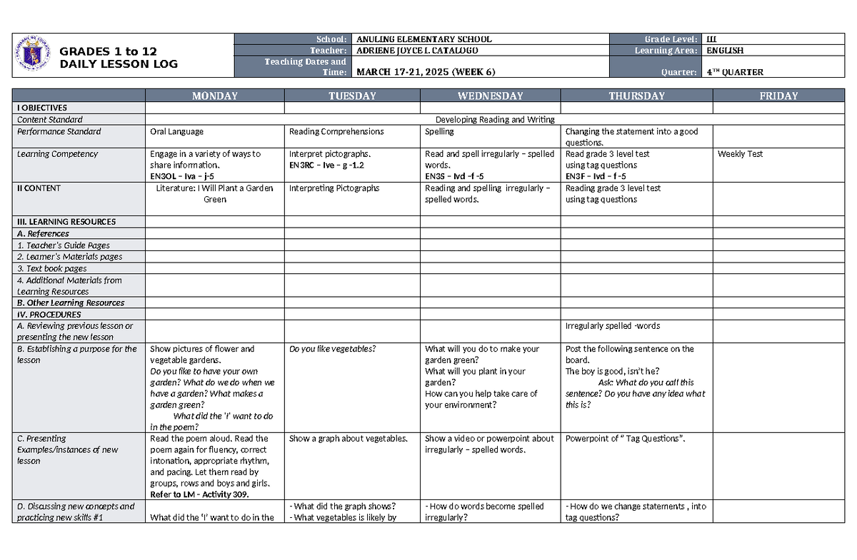 DLL English 3 Q4 W6 - any - GRADES 1 to 12 DAILY LESSON LOG School ...