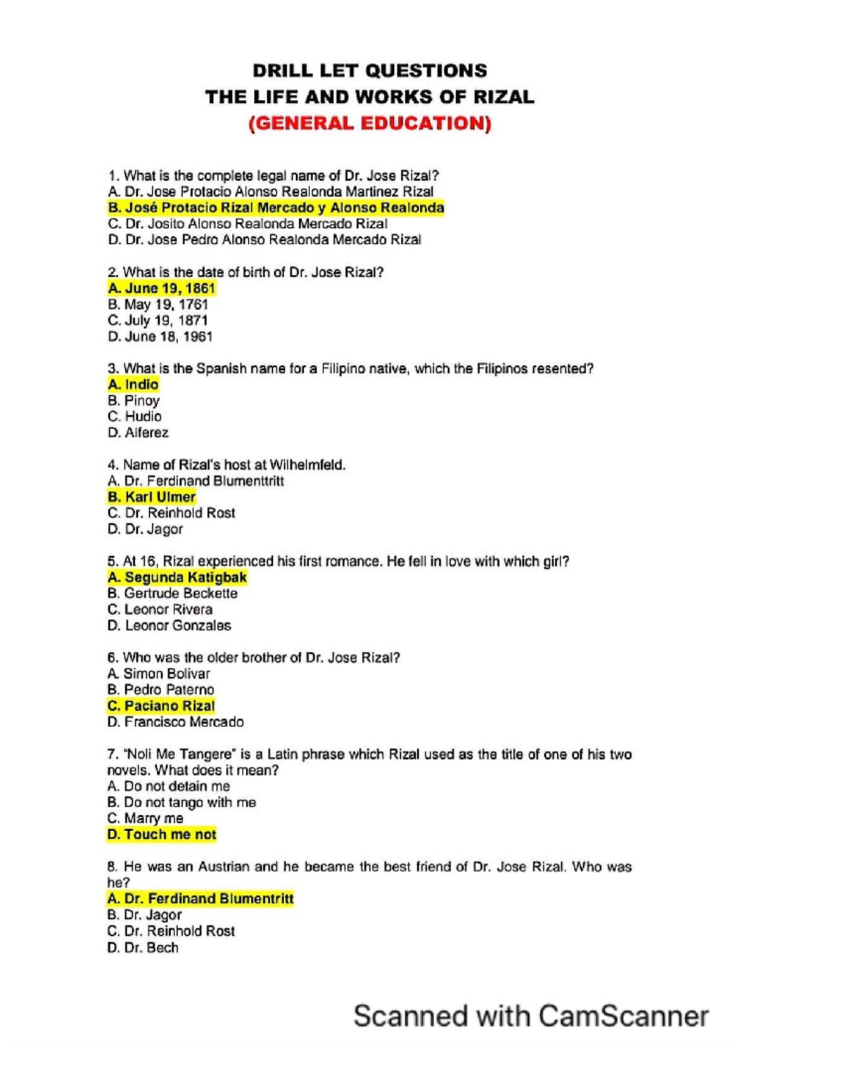 DRILL LET QUESTIONS: THE LIFE AND WORKS OF RIZAL (GEN ED) - Studocu