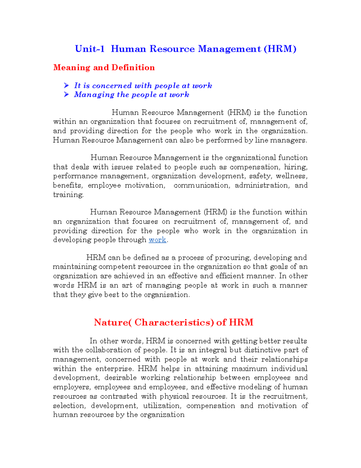 Unit 1: Introduction to Human Resource Management (HRM) Concepts - Studocu