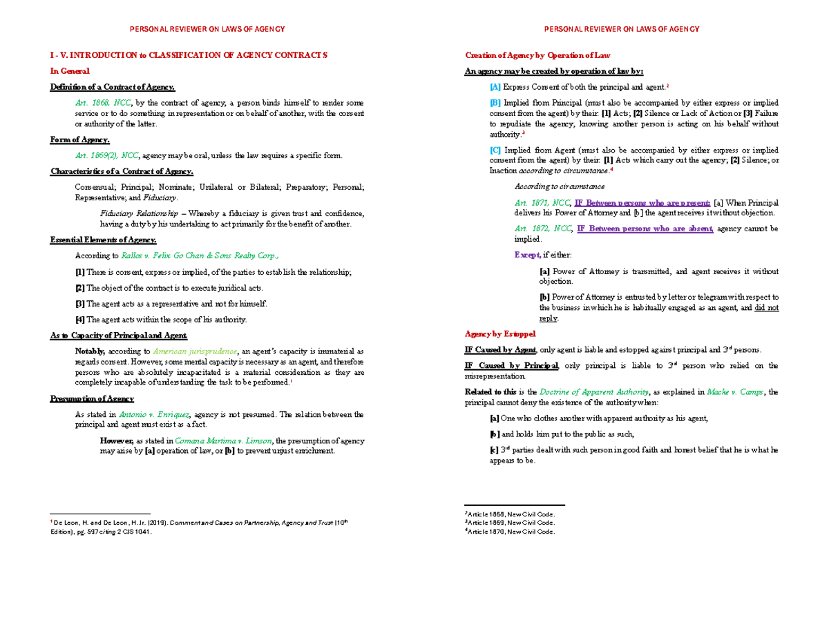 Compiled Lecture Notes on Agency Contracts (Law 101) - Studocu