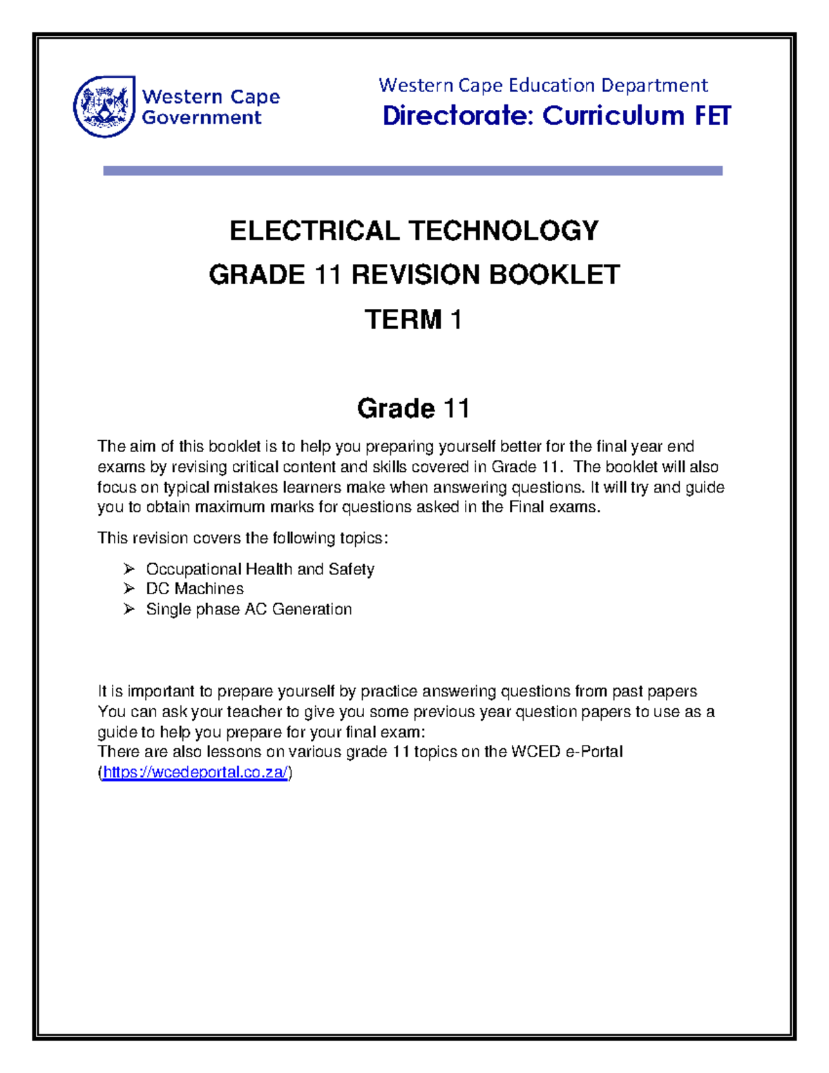 Electrical Technology Grade 11 Revision Pack: Term 1 Exam Prep - Studocu
