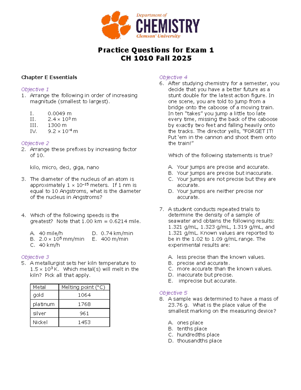 Practice Questions for CH 1010 Exam 1 - Fall 2025 - Studocu