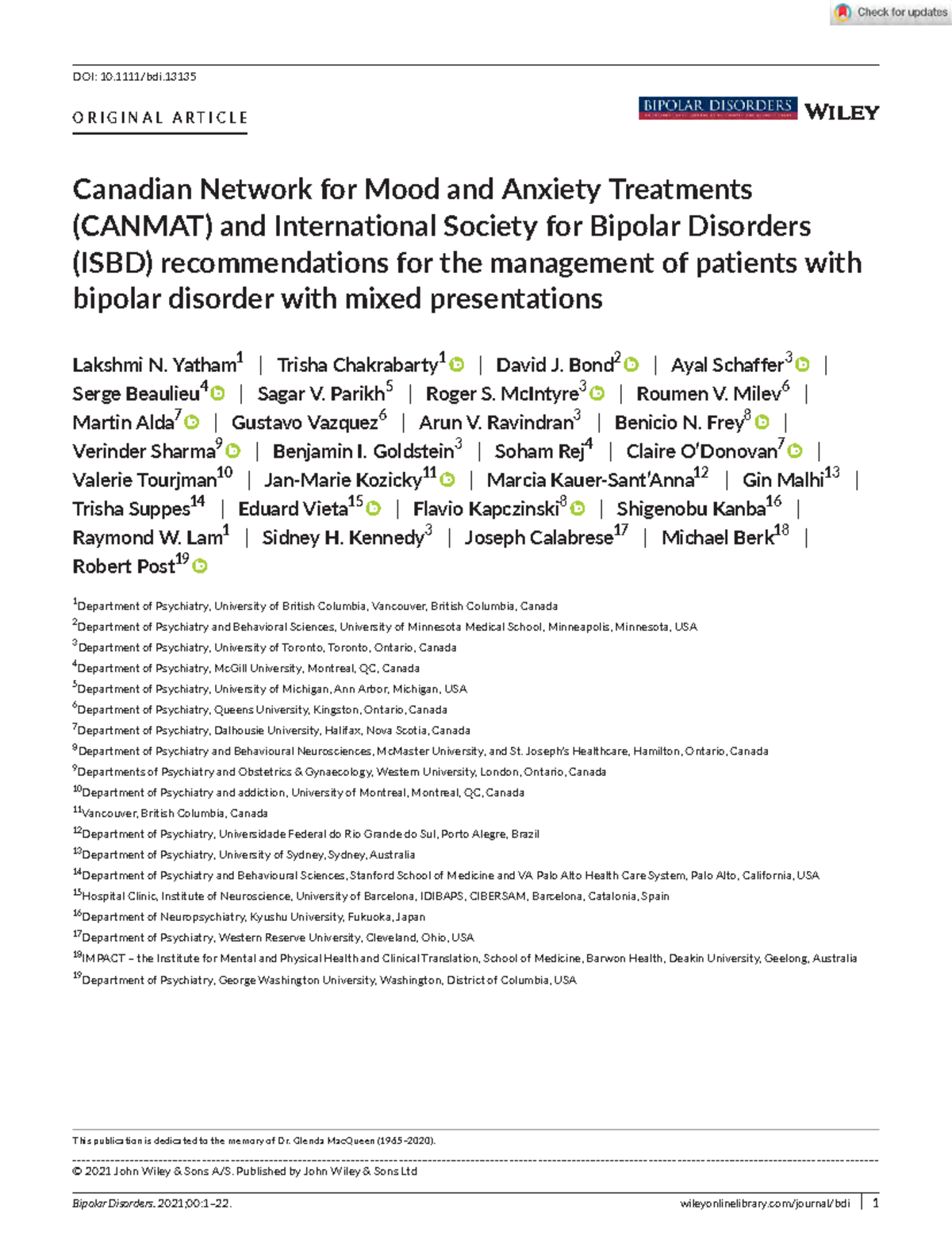 CANMAT/ISBD Guidelines for Managing Mixed Presentations in BD (2021 ...