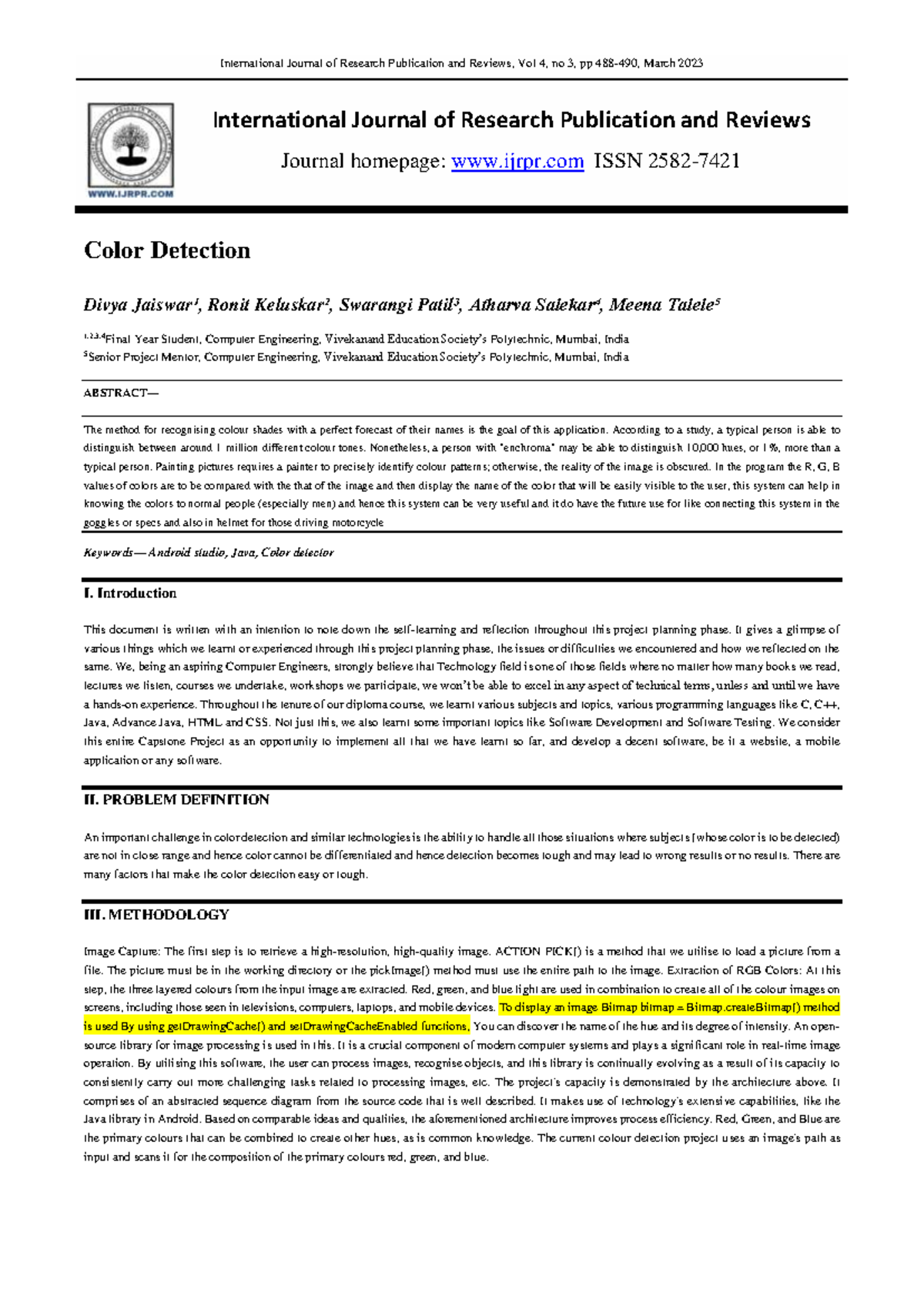 Color Detection Research Paper - Final Year Project (CSE) - Studocu