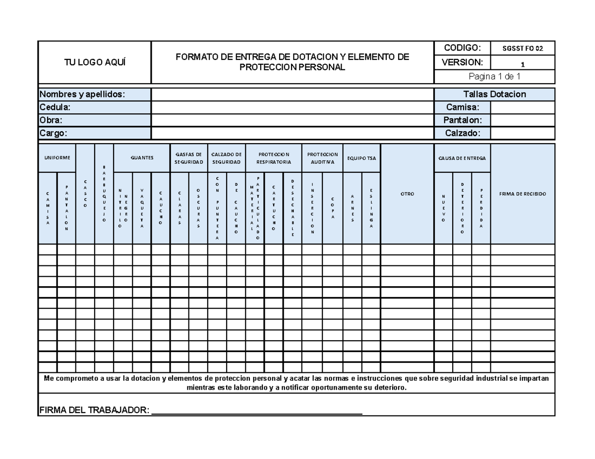 Formato de Entrega de Dotación y Elemento de Protección Personal