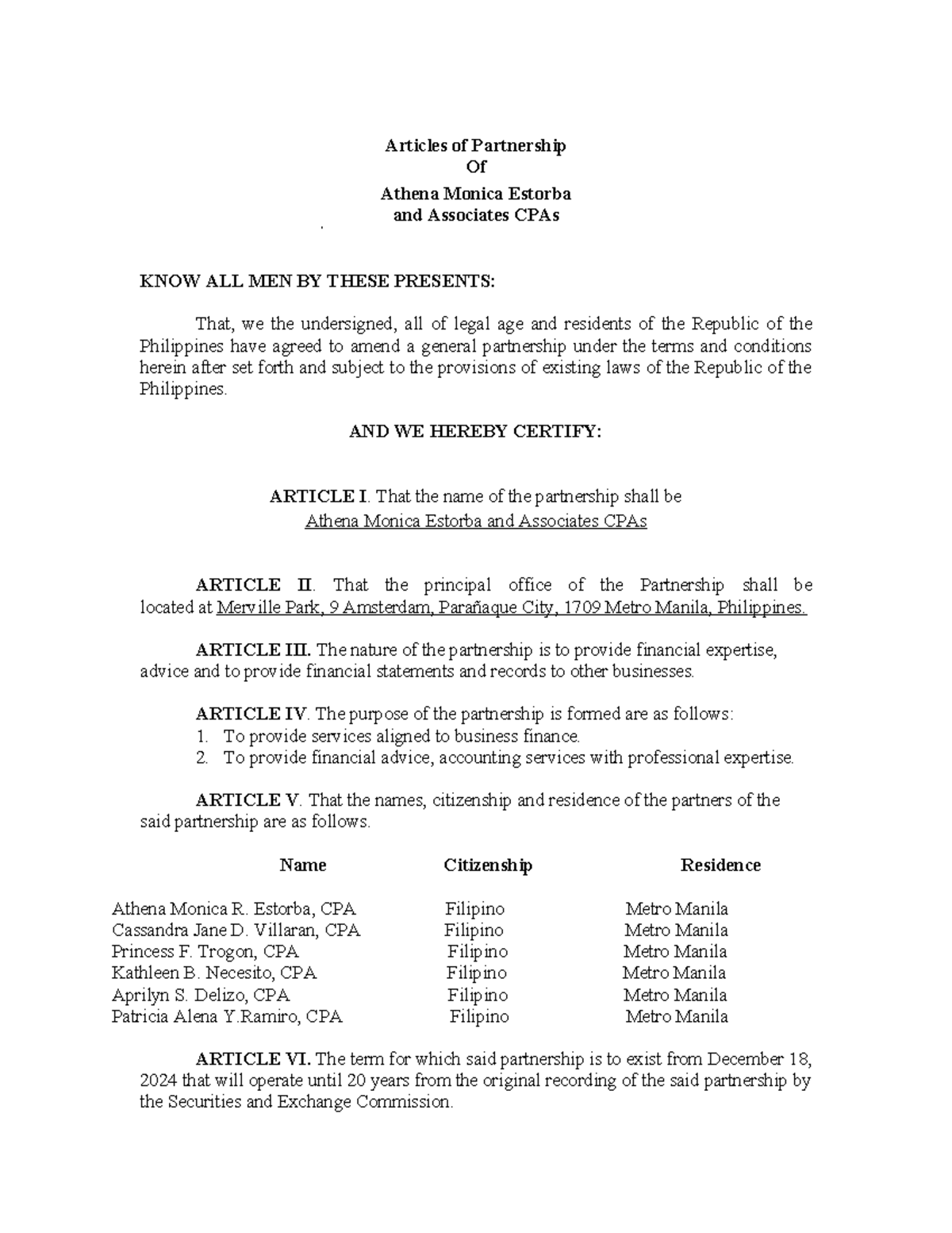 SEC- Articles of Partnership - Sample Only - Articles of Partnership Of ...