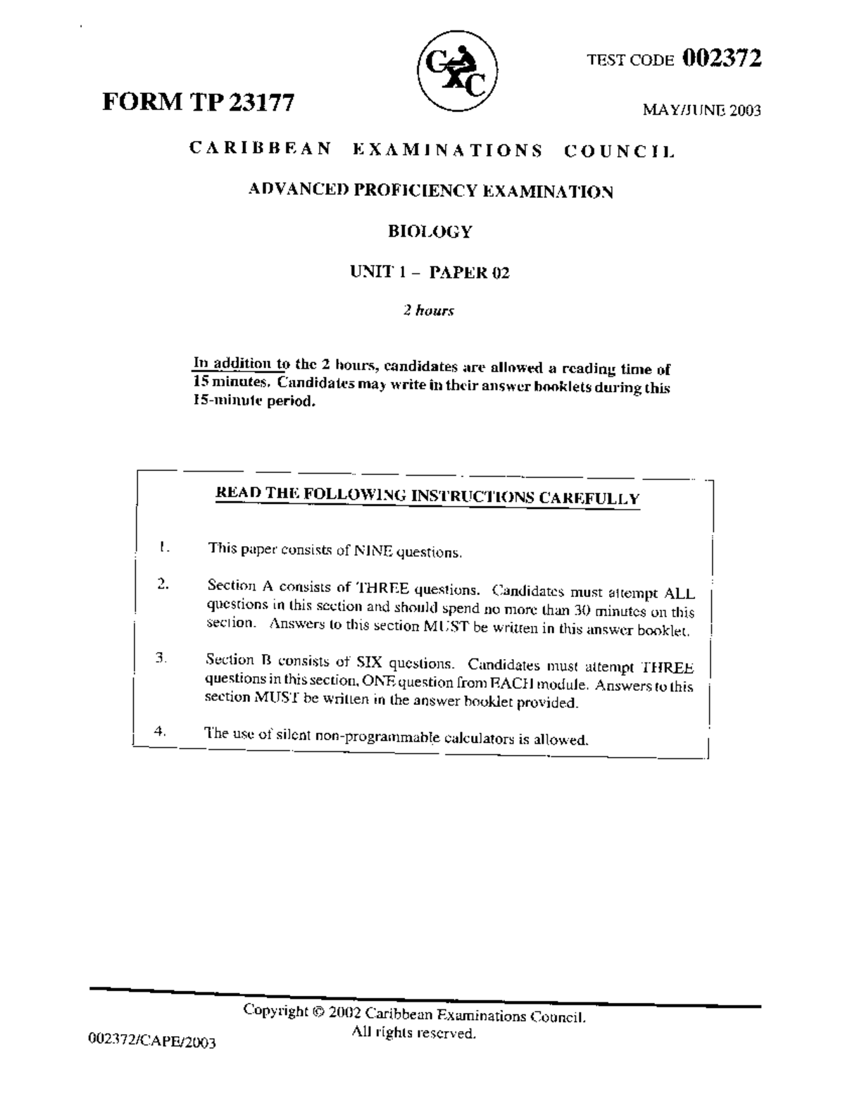 CAPE Biology 2003 Unit 1 Paper 2 Exam Guide - Studocu