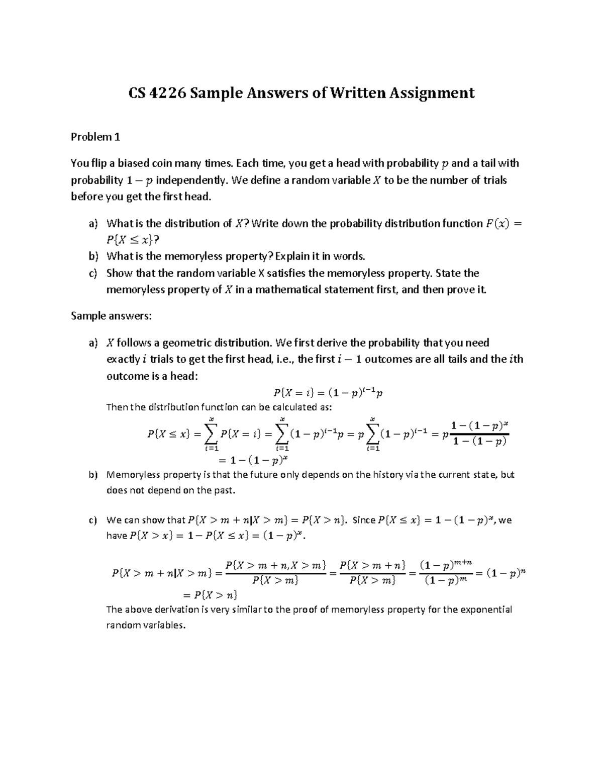 Written Assignment Sample Answers - CS 4226 Sample Answers of Written ...