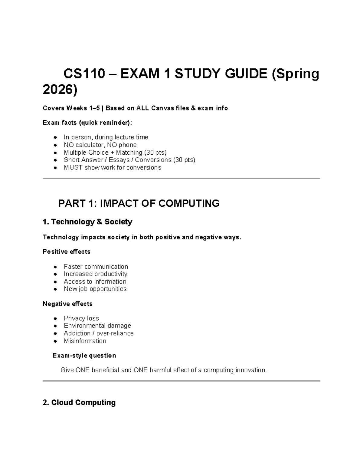 📘 CS110 – EXAM 1 COMPLETE STUDY GUIDE (Spring 2026) - Studocu