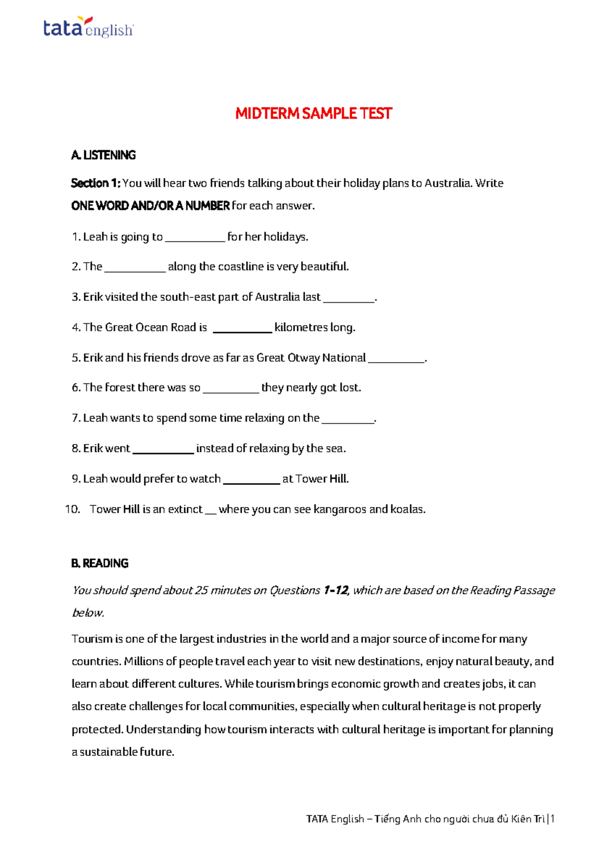 MIDTERM SAMPLE TEST A: LISTENING & READING ON TOURISM - Studocu