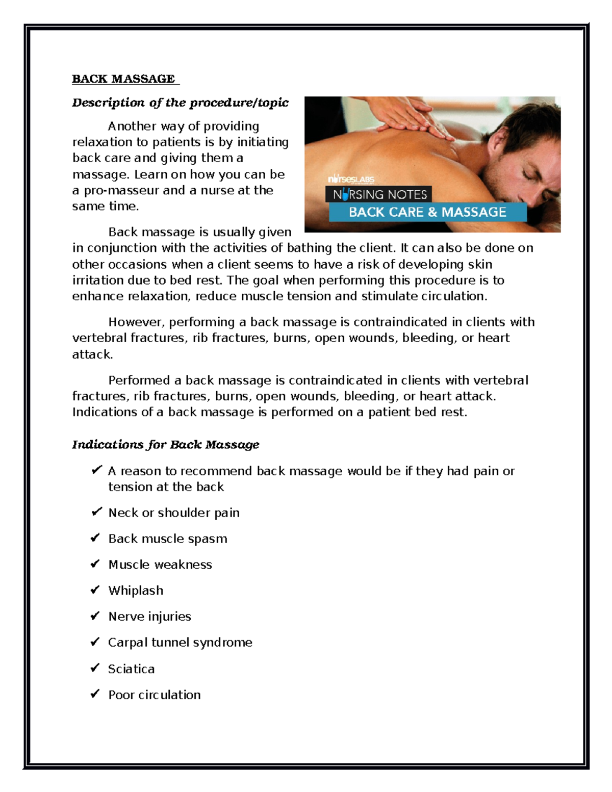 Back massage - purpose - BACK MASSAGE Description of the procedure ...
