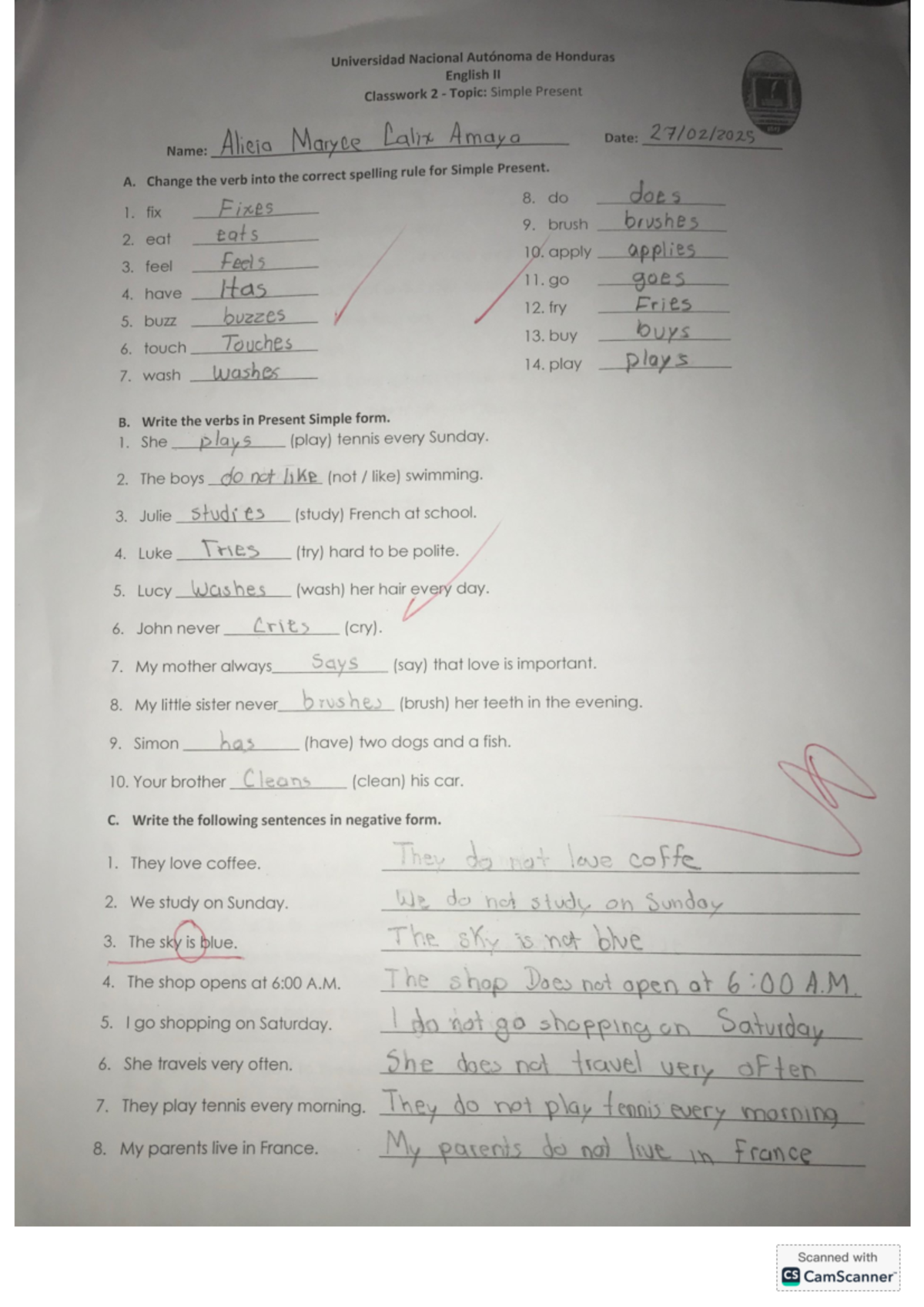 Guía #2 - English II Simple Present Exercises and Classwork - Studocu