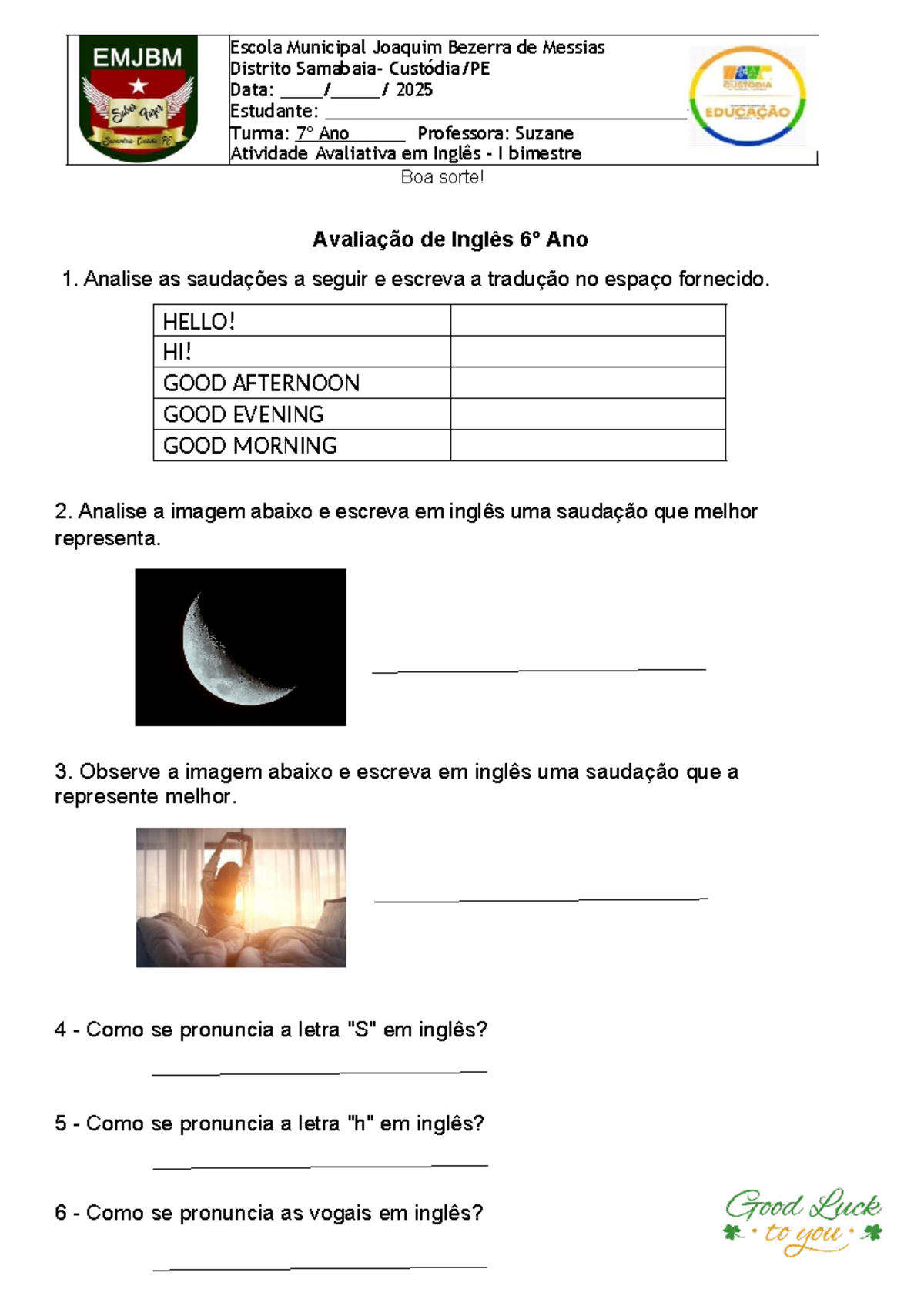 Prova de Inglês 6º Ano - Atividade Avaliativa 1º Bimestre - Studocu