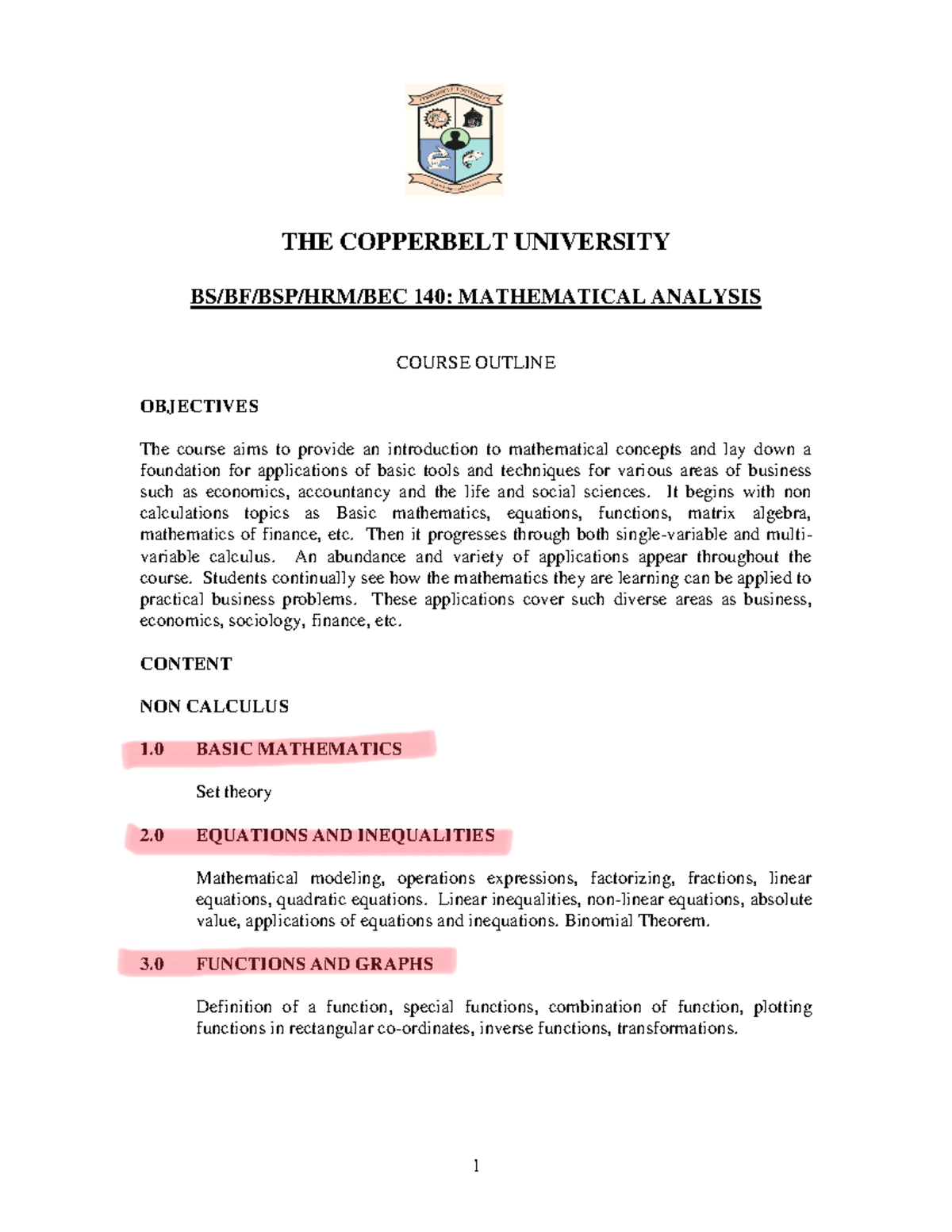 BS 140 Course Outline: Mathematical Analysis Overview 2020 - Studocu