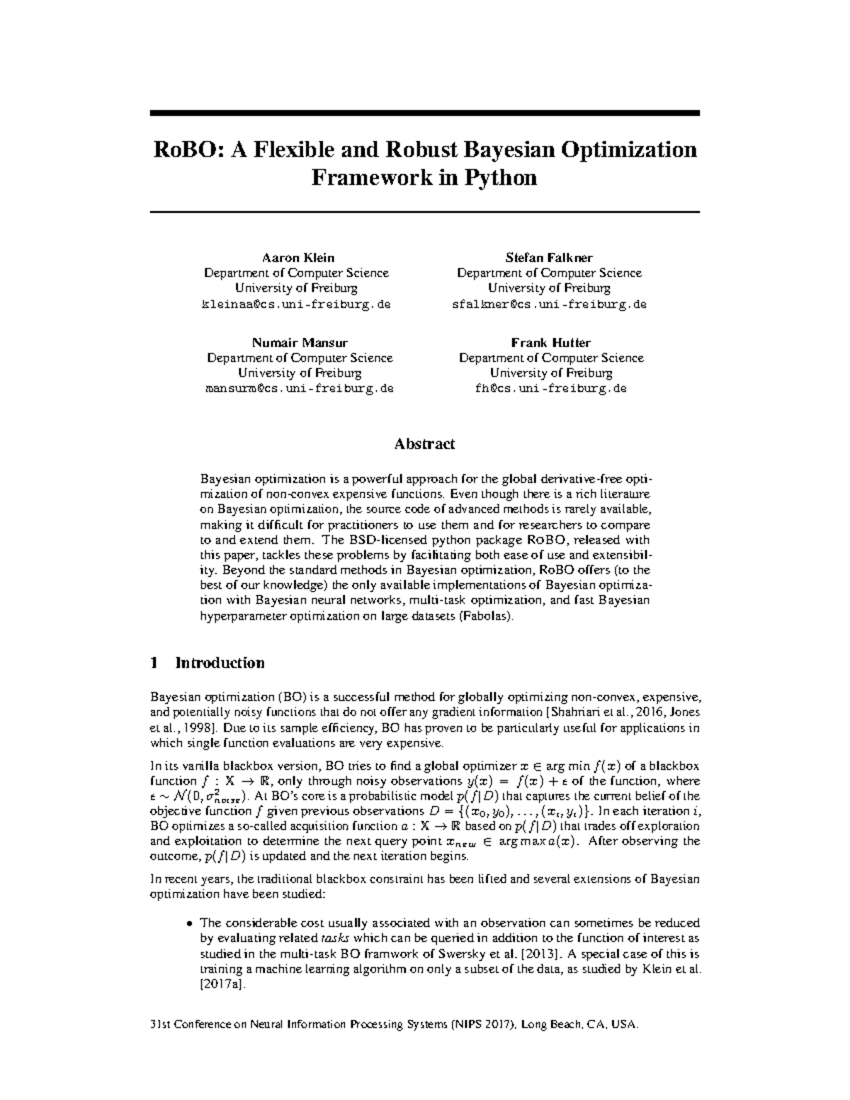 RoBO: A Robust Bayesian Optimization Framework in Python - Studocu