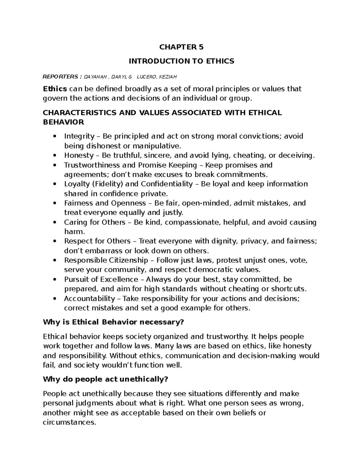 CHAPTER 5 - INTRODUCTION TO ETHICS: PRINCIPLES & VALUES - Studocu