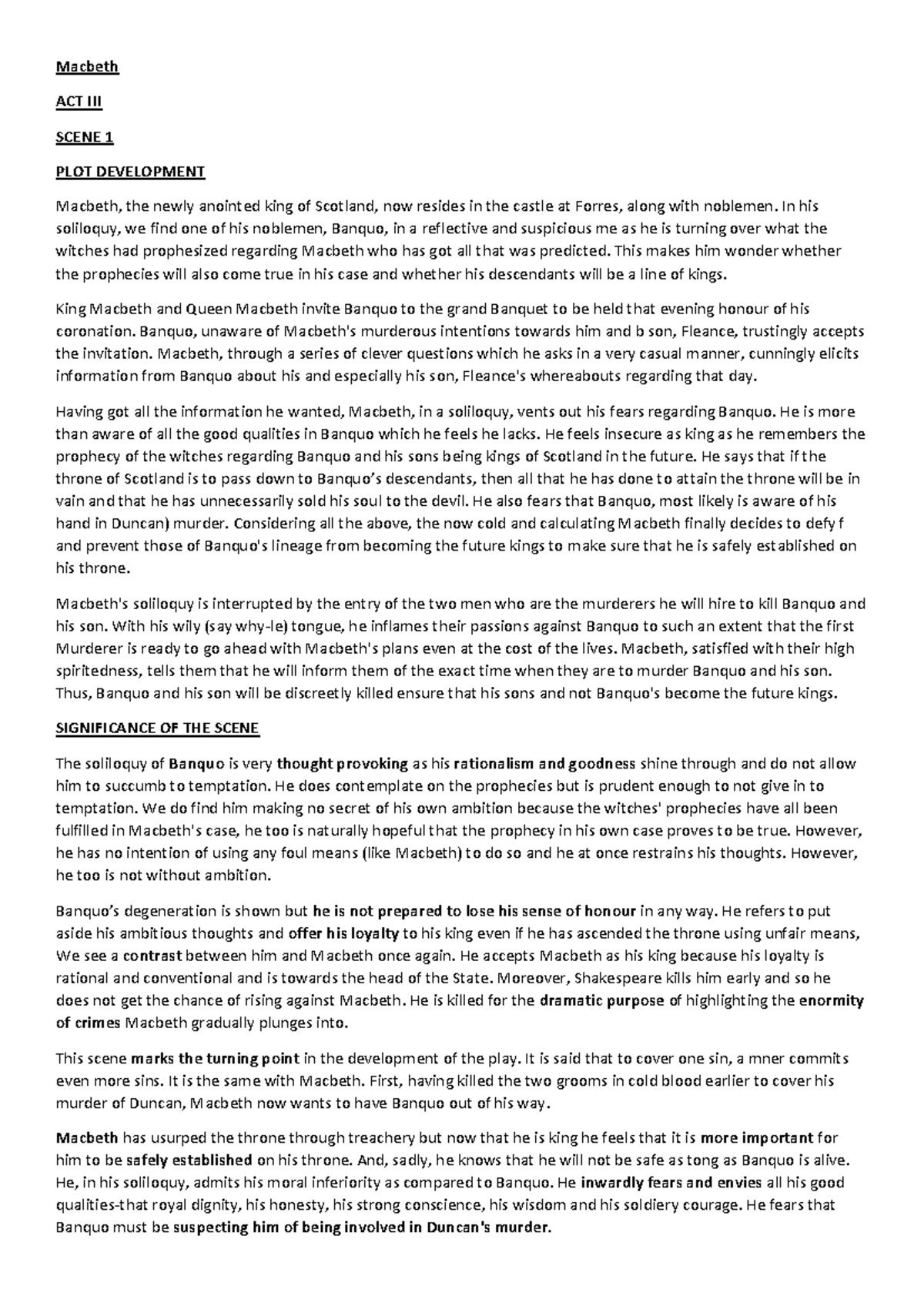 Macbeth ACT 3: Key Plot Developments and Character Analysis - Studocu