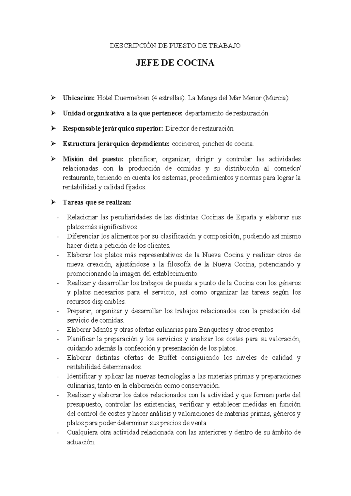 Tema 2: Descripción de Puesto de Trabajo - Jefe de Cocina - Studocu