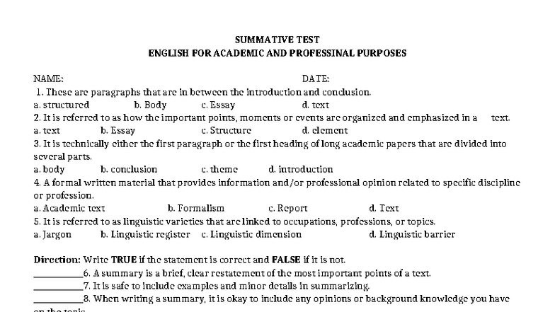 EAPP Summative Test: Academic Text Structure & Summary Skills - Studocu