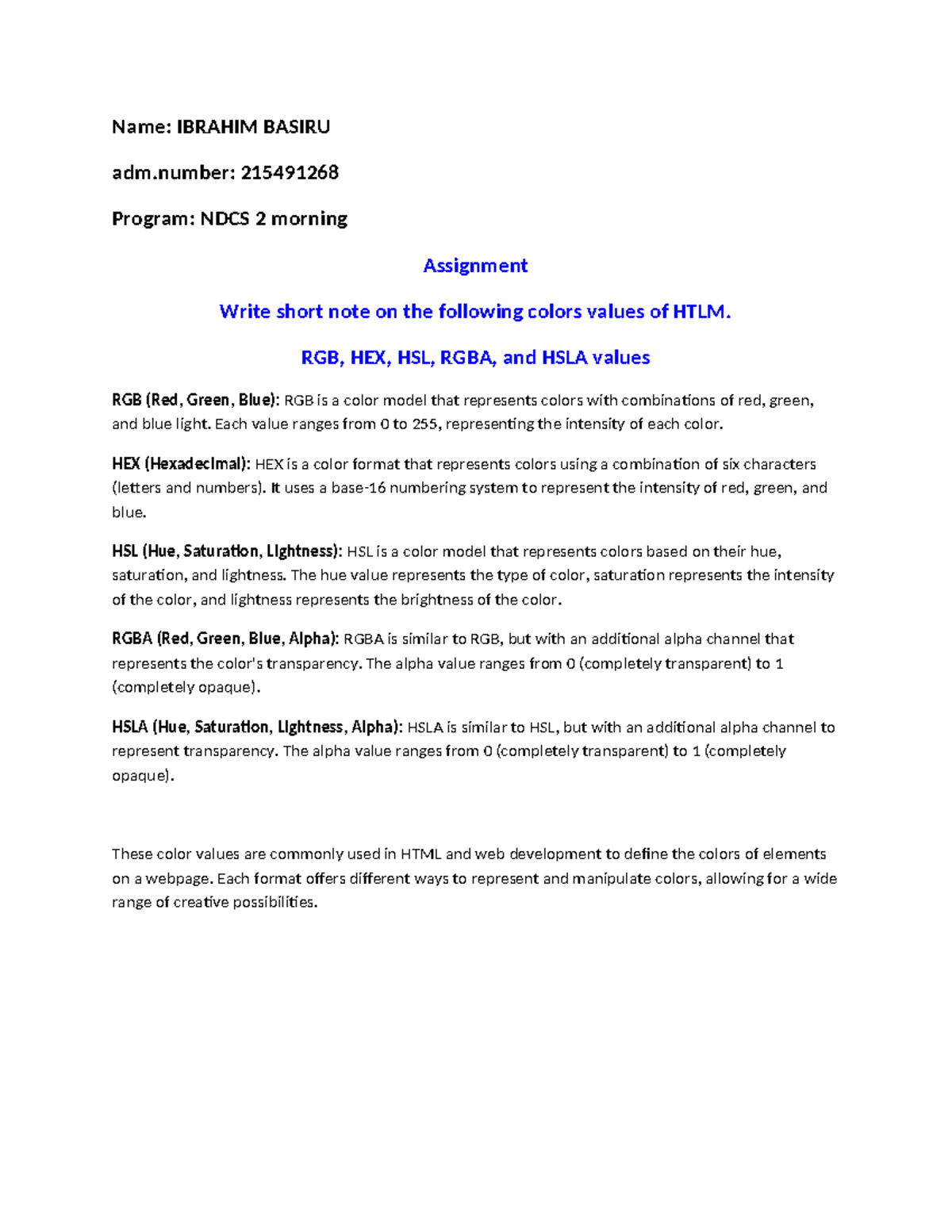 COM 225 Assignment: Color Values in HTML - RGB, HEX, HSL, RGBA, HSLA ...