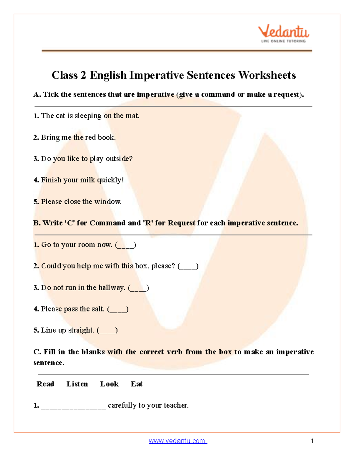 Class 2 English Grammar: Worksheets on Imperative Sentences - Studocu