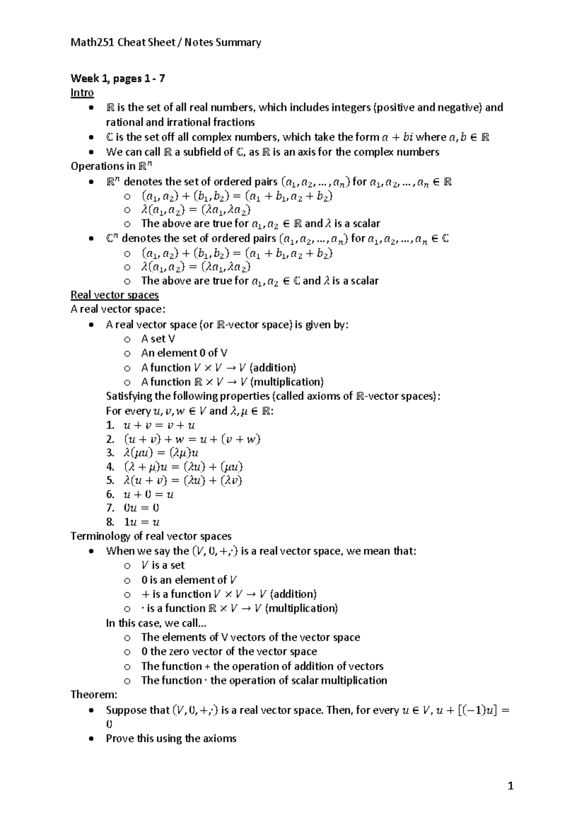 Math251 CS - Summary of Linear Algebra Concepts and Theorems - Studocu