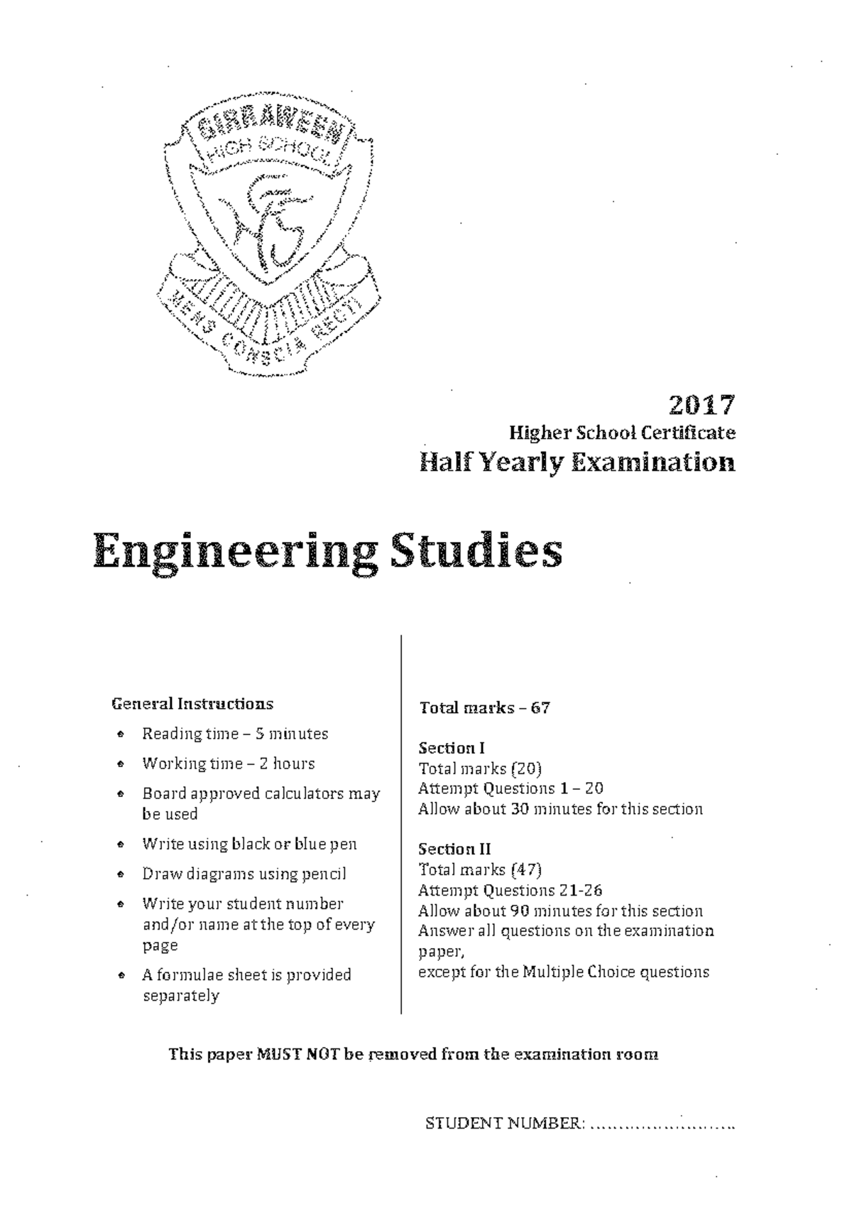 Girraween 2017 Engineering Studies Half Yearly Exam Instructions - Studocu