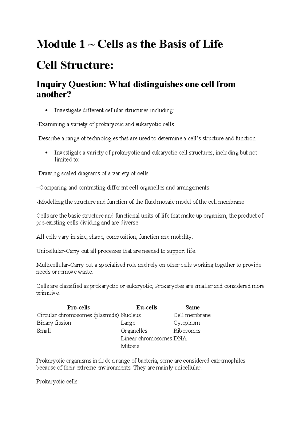 Prelem Mod 1 Biology Notes: Exploring Cell Structure & Function - Studocu