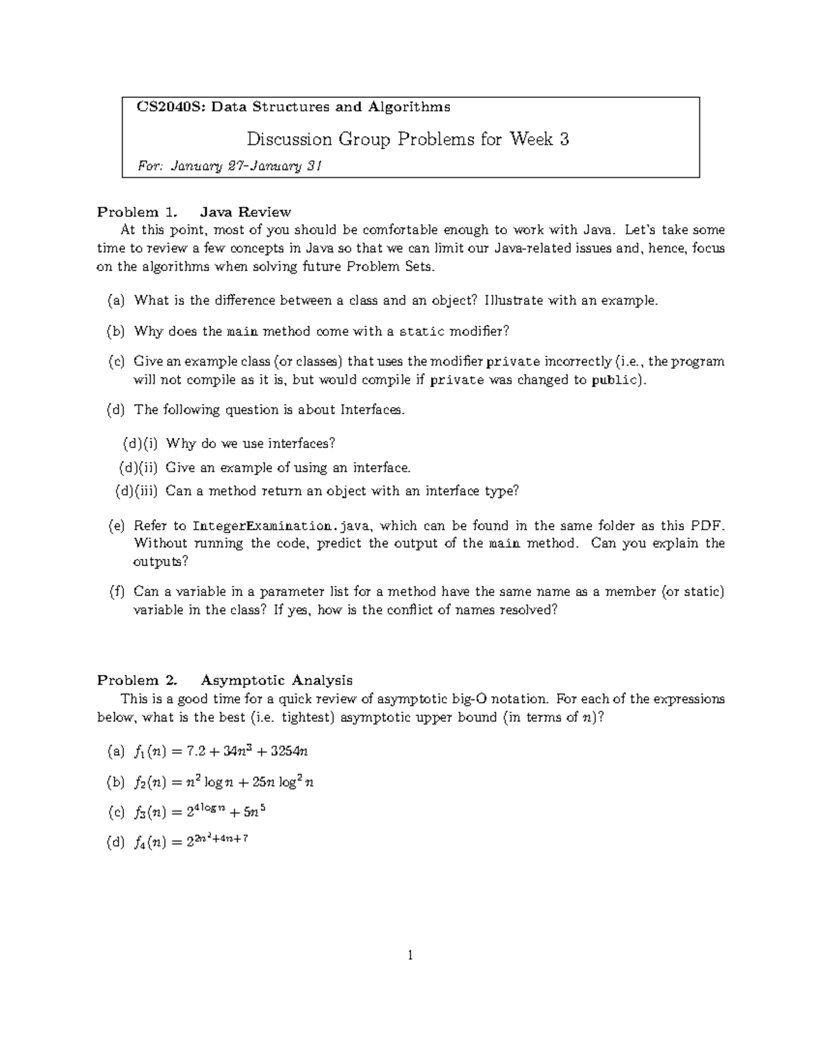 CS2040S: Week 3 Discussion Problems on Data Structures & Algorithms ...