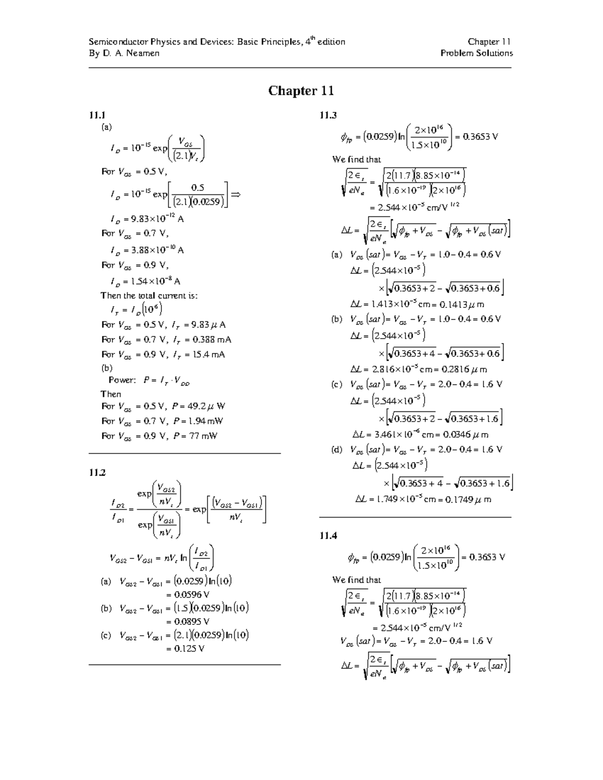 Semiconductor Physics and Devices (4ed) Chapter 11 Solutions by Neamen ...