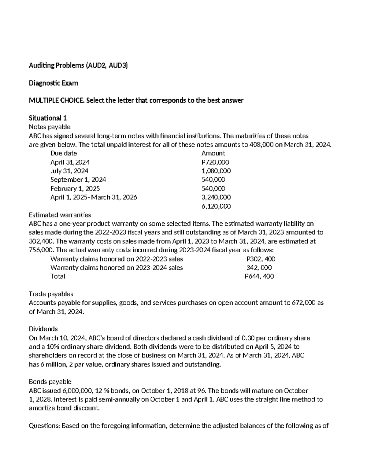 Auditing Problems (AUD2, AUD3) Diagnostic Exam: Multiple Choice Review ...