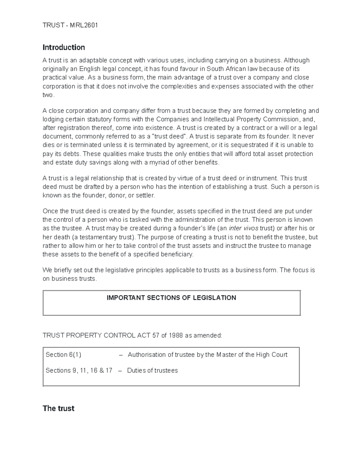 TRUST - MRL2601 Lecture Notes on Trusts - Studocu