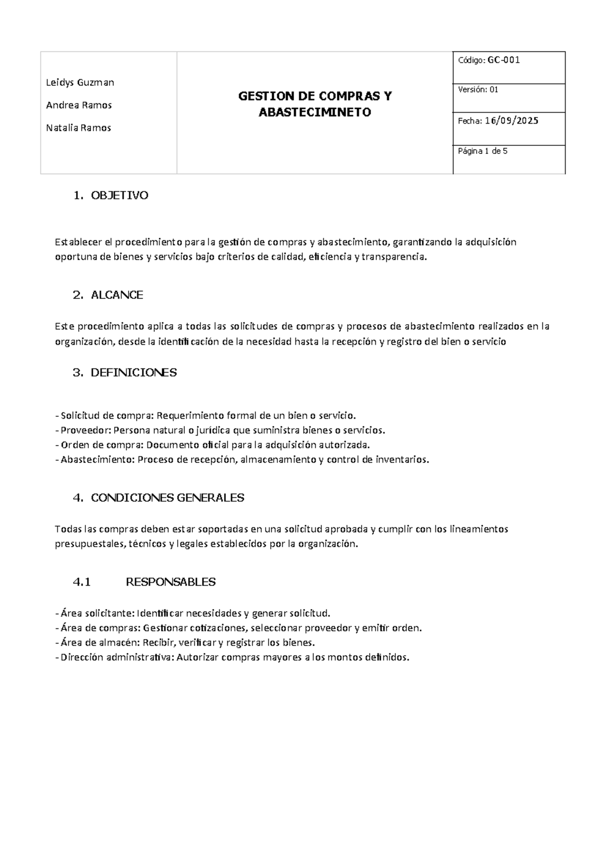 GESTIÓN DE COMPRAS Y ABASTECIMIENTO - Procedimiento GESTION 01 - Studocu